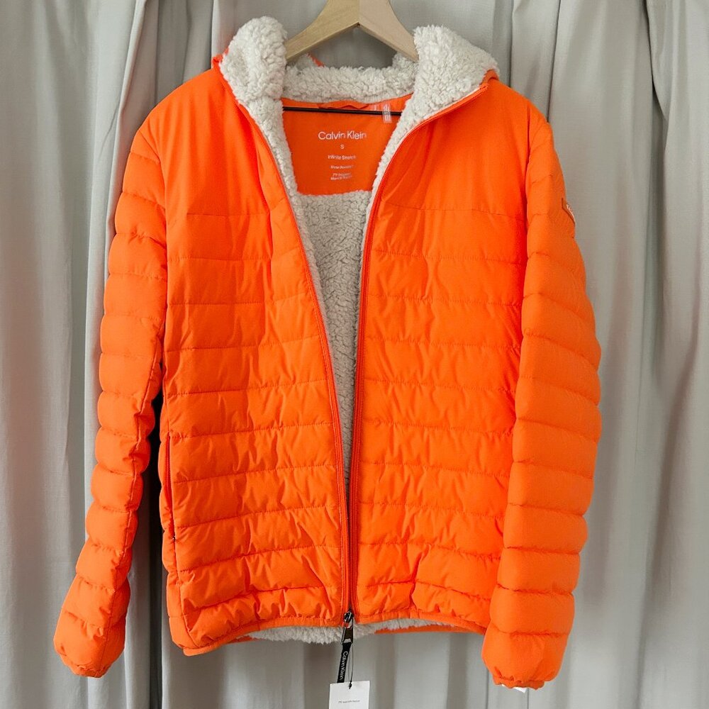 Calvin Klein Men's Hooded Quilted Coat with Sherpa Lining